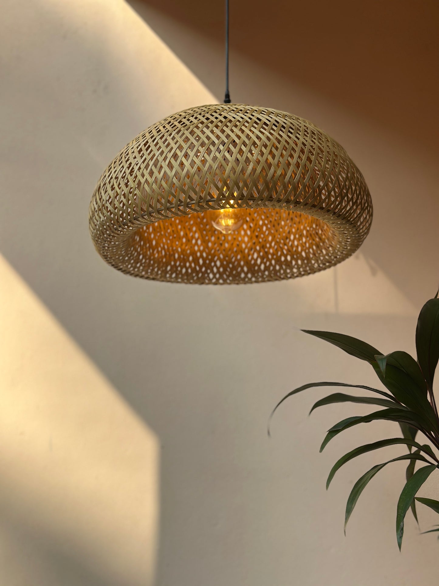 Woven pendant light fixture on a neutral wall with a plant in the corner