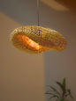 Woven pendant light hanging against a neutral wall with a plant in the corner.